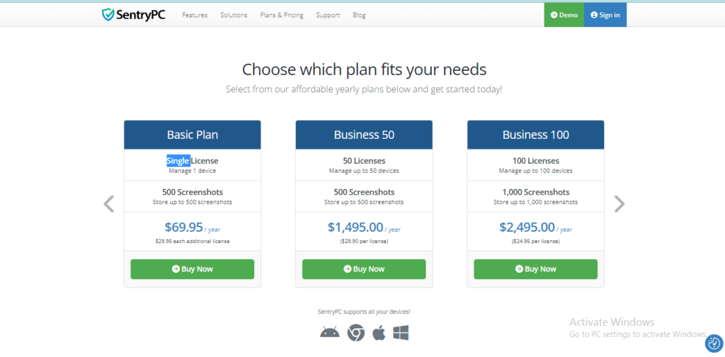 Plans & Pricing SentryPC